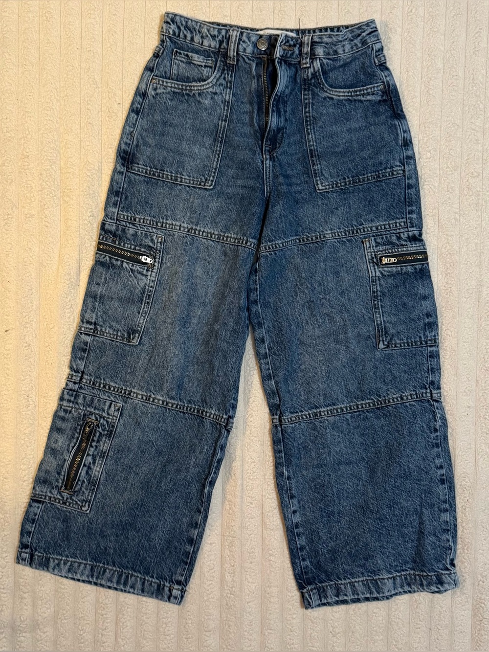 Girls Wide Leg Cargo Denim Blue Jeans Pockets Y2K Skater Style Size 12-13 Years